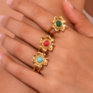 Vintage 18K gold plated stainless steel rings with colorful natural flower stones