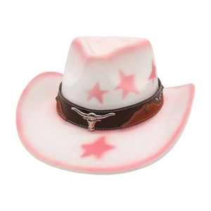 Detail of western cowboy hat with metal bull head emblem and pink star gradient brim