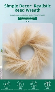 Detailed view of fluffy beige artificial pampas grass wreath for home festive decoration