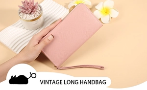 Pink lychee texture long zipper wallet for women with detachable hand strap detail