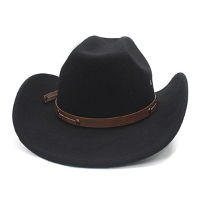 Detail of black felt cowboy hat featuring brown leatherette band with metal studs
