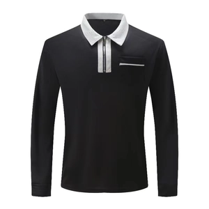 Detail of slim fit long sleeve Polo shirt featuring contrast zipper and chest pocket