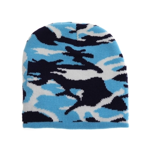 Kids knitted beanie hat with blue camo jacquard pattern for winter and autumn