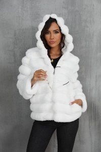 Detail of white faux fur hooded jacket with unique wavy texture and plush material