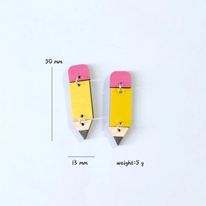 Pencil-shaped dangle earrings in yellow and pink wood, measuring 50mm height and 5g weight