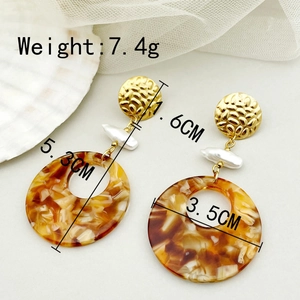 Detail view of retro earrings with acrylic pearls and dimension specs shown