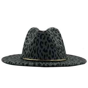 Detail showing grey leopard print fedora with golden metallic trim on white background