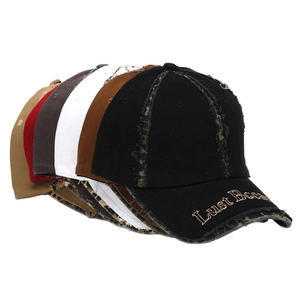 Distressed baseball caps with Lust Bee embroidery and camouflage details in multiple colors