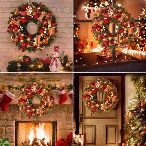 Christmas wreath with pine cones and LED lights shown on walls, windows, and doors