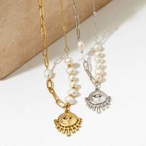 Bohemian natural pearl and stainless steel necklace with sun evil eye pendant set