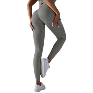 High waist gray yoga leggings with butt-lifting seamless fabric for fitness training