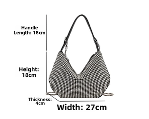 Detailed size specifications for rhinestone hobo bag showing 27x18x4cm dimensions