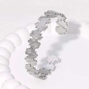 Elegant silver stainless steel open cuff bracelet with detailed ginkgo leaf design