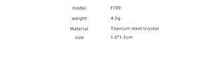 Detailed specifications for Titanium steel and crystal earrings model F789 weight 4.5g