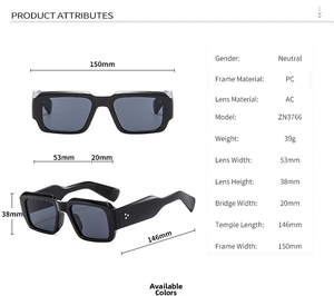 Detailed size specifications for square frame sunglasses with precise measurements in mm