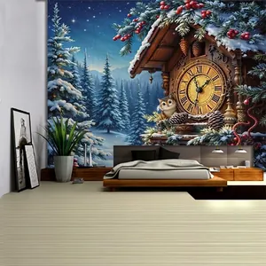 Extra wide Christmas tapestry with vintage cuckoo clock and snowy winter forest scene