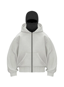 Front view of oversized zip-up hoodie featuring integrated balaclava mask and double-layered hood