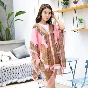 Pink chiffon paisley sun protection shawl for women with bohemian fringe detail