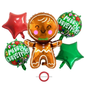 Festive gingerbread man foil balloon set with Merry Christmas stars and red ribbon