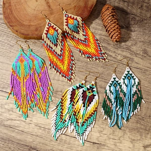 Bohemian seed bead tassel earrings with colorful geometric patterns and gold hooks