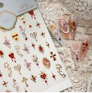 Detailed TL-406 nail stickers with golden 3D gothic angel and sacred heart patterns