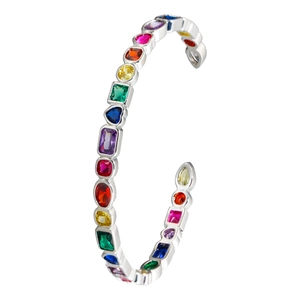 Silver open bangle bracelet featuring multicolored geometric rainbow cubic zirconia stones