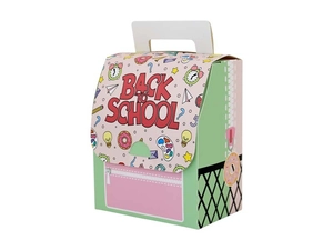 Vue détaillée d'une boîte cadeau en forme de sac à dos avec motifs Back to School