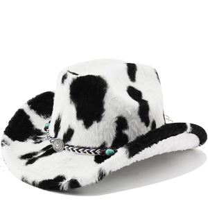 Chapeau De Cow-Boy Western En Fausse Fourrure Peluche Imprimé Vache Bande Tissée Perles Turquoise Boucle Métal Hiver