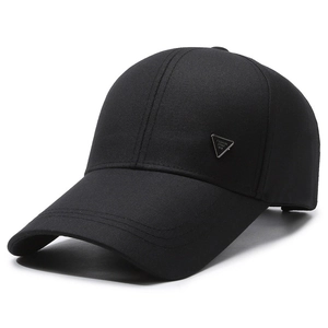 Classic deep black cotton baseball cap for men featuring a metallic triangle logo plate