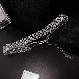 Elegant silver wide choker necklace with multi-row rhinestones and adjustable clasp