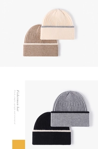 Detailed view of thick ribbed knit textures and color-block designs on winter beanies