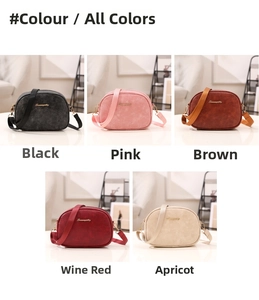 Detail view of oval crossbody bags in black pink brown burgundy and apricot colors