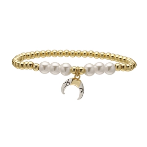 Böhmisches goldfarbenes Perlenarmband mit Perlen und Mondanhänger auf weißem Grund