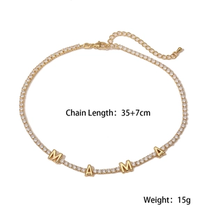 Detail view of 18K gold plated MAMA necklace with zircon inlays and sizing parameters