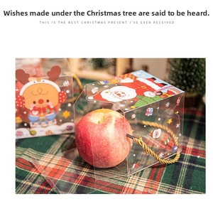 Detailed view of Christmas cartoon PVC gift box with gold handle and festive print