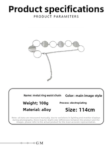 Detail view of silver metal waist chain showing linked rings and dimensions of 114cm