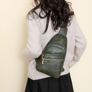 Vintage green PU leather chest bag for women with three zipper pockets and gold hardware
