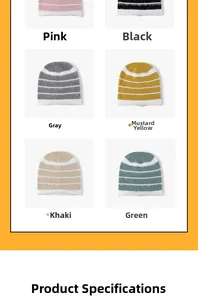 Detailed grid of striped knit beanies in various colors with a soft mohair texture