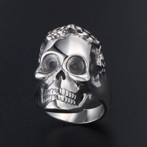Silver punk skull ring for men in polished stainless steel with gothic carved details
