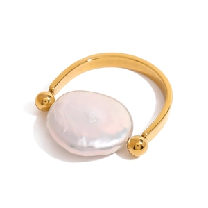 Bague vintage française en acier inoxydable plaqué or 18 carats avec perle baroque