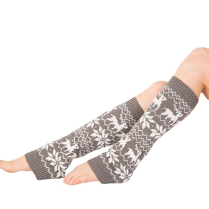 Grey knitted leg warmers with Nordic elk and snowflake patterns for winter warmth