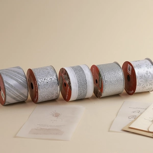 Five-roll set of silver Christmas glitter ribbons with festive patterns for gift DIY