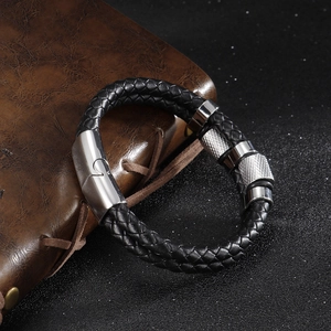 Multi-layer black braided leather bracelet with magnetic stainless steel clasp for men
