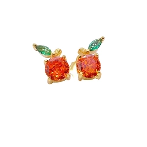 Cute S925 silver red grapefruit apple stud earrings with green leaf and gold finish
