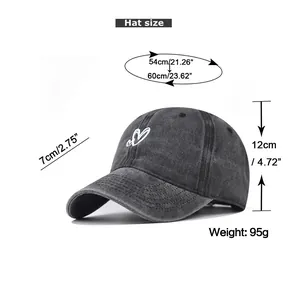 Size chart for washed cotton baseball cap with embroidered heart logo and dimensions