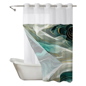Waterproof double-layer marble shower curtain with dark green and gold abstract patterns
