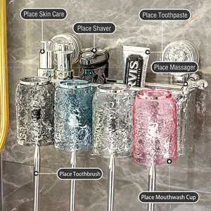 Wall-mounted bathroom organizer with 4 colored texture cups and metal rack for toiletries