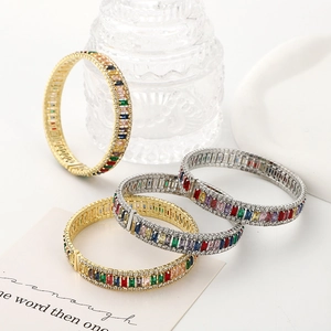 Fashion Rainbow Baguette Cubic Zirconia Bangle For Women Gold Plated Copper Rectangular Multi Color CZ Jewelry Gift