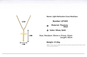 Detailed size chart for golden cross pendant necklace with ray texture in titanium steel