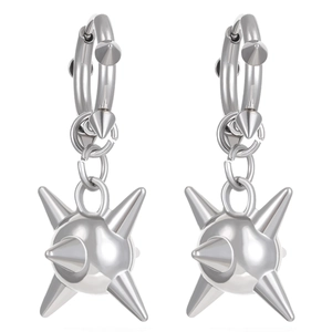 Close-up of silver punk earrings featuring metallic spike balls and gothic circular hoops